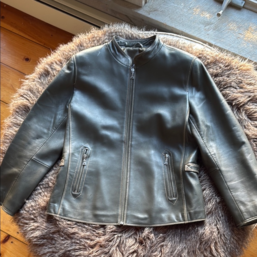 Elegant Women's Olive Green Leather Jacket SZ LG